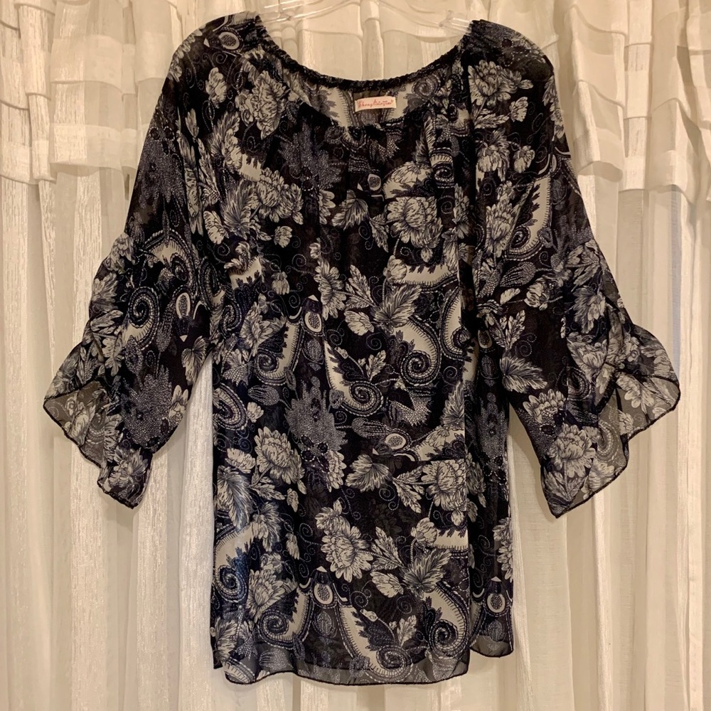 Navy Blue Sheer Scoop Neck Tunic